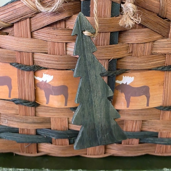 Rustic Woven Wood Moose Basket Hand Painted Lodge Cabin Decor with Tree Charm - Picture 2 of 8